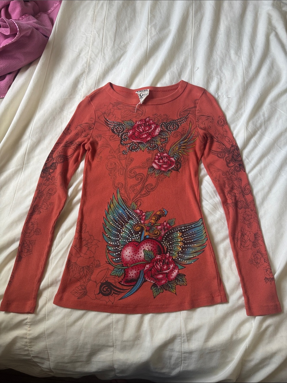 Vocal Coral Winged Heart & Rose Graphic Long-Sleeve Top